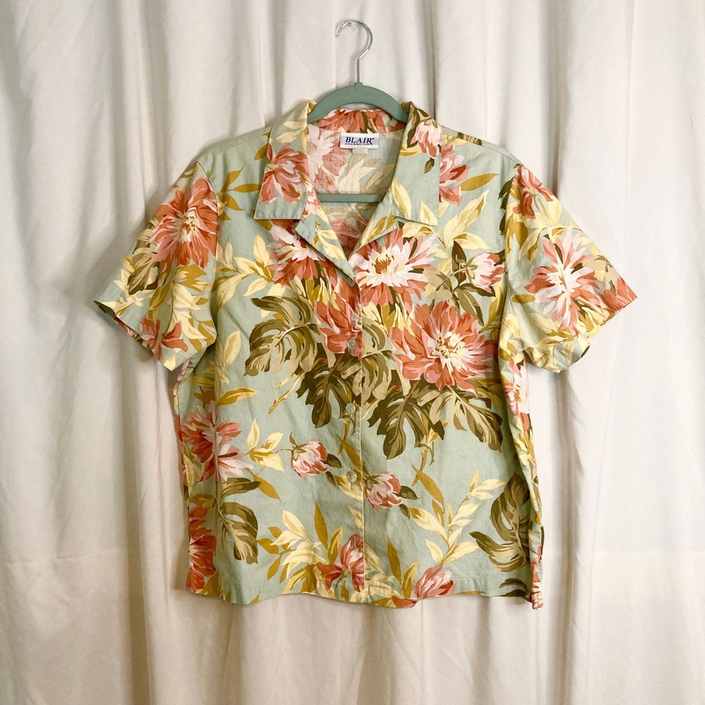 VTG Y2K Tropical Floral Short Sleeve Button Down Shirt Sage Green Pink Blair XL